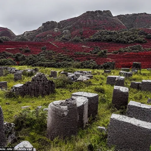 Image similar to the ruins of a giant village made out of stone bricks and overgrown with red moss, in a landscape with hills and swirling trees, and giant black crimson mountains on the horizon, gloomy