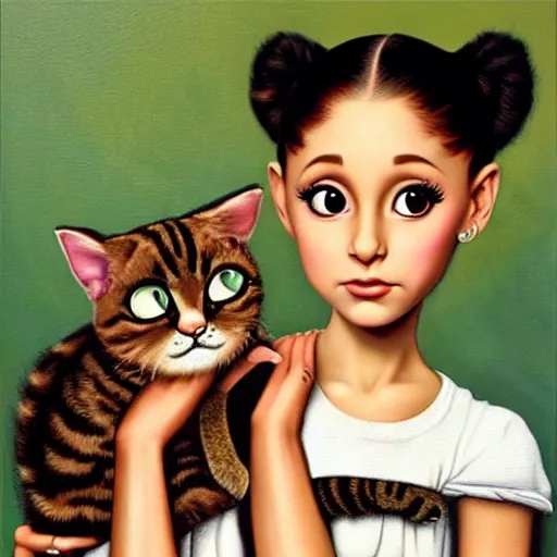 Image similar to ariana grande holding an extremely annoyed, hissing cat, lowbrow painting by mark ryden