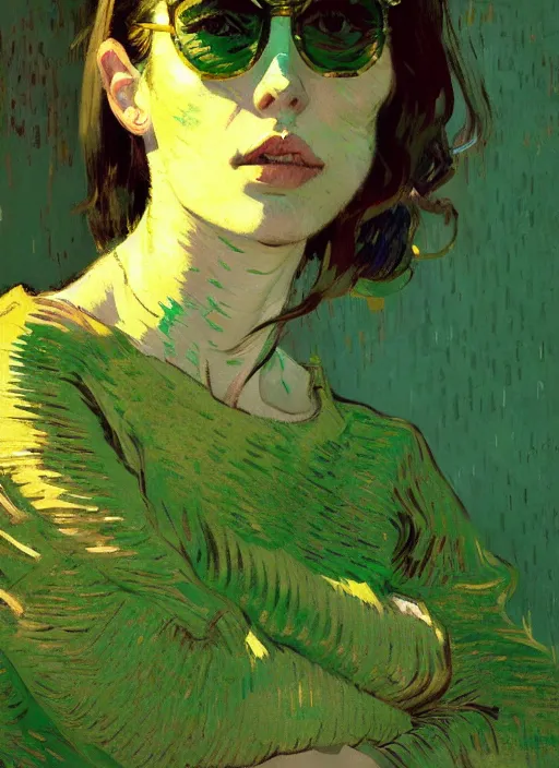 Image similar to portrait of a beautiful girl, eyes closed, open mouth, shades of green, beautiful face, rule of thirds, intricate outfit, spotlight, by greg rutkowski, by jeremy mann, by francoise nielly, by van gogh, digital painting