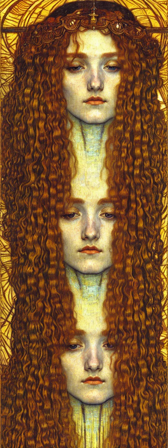 Image similar to detailed realistic beautiful young medieval queen face portrait by jean delville, gustav klimt and vincent van gogh, art nouveau, symbolist, visionary, gothic, pre - raphaelite, muted earthy colors, desaturated