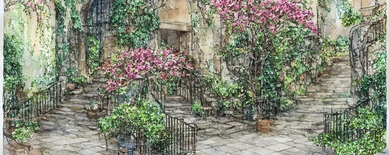 Prompt: courtyard walkway, castle, stairway, chairs, wrought iron, gate, tree, delicate, botanic garden, garden road, botanical herbarium paper, watercolor colored painting, iridescent colors, 8 k, realistic shaded, fine details, artstation, italian style, colonnade, huge flower