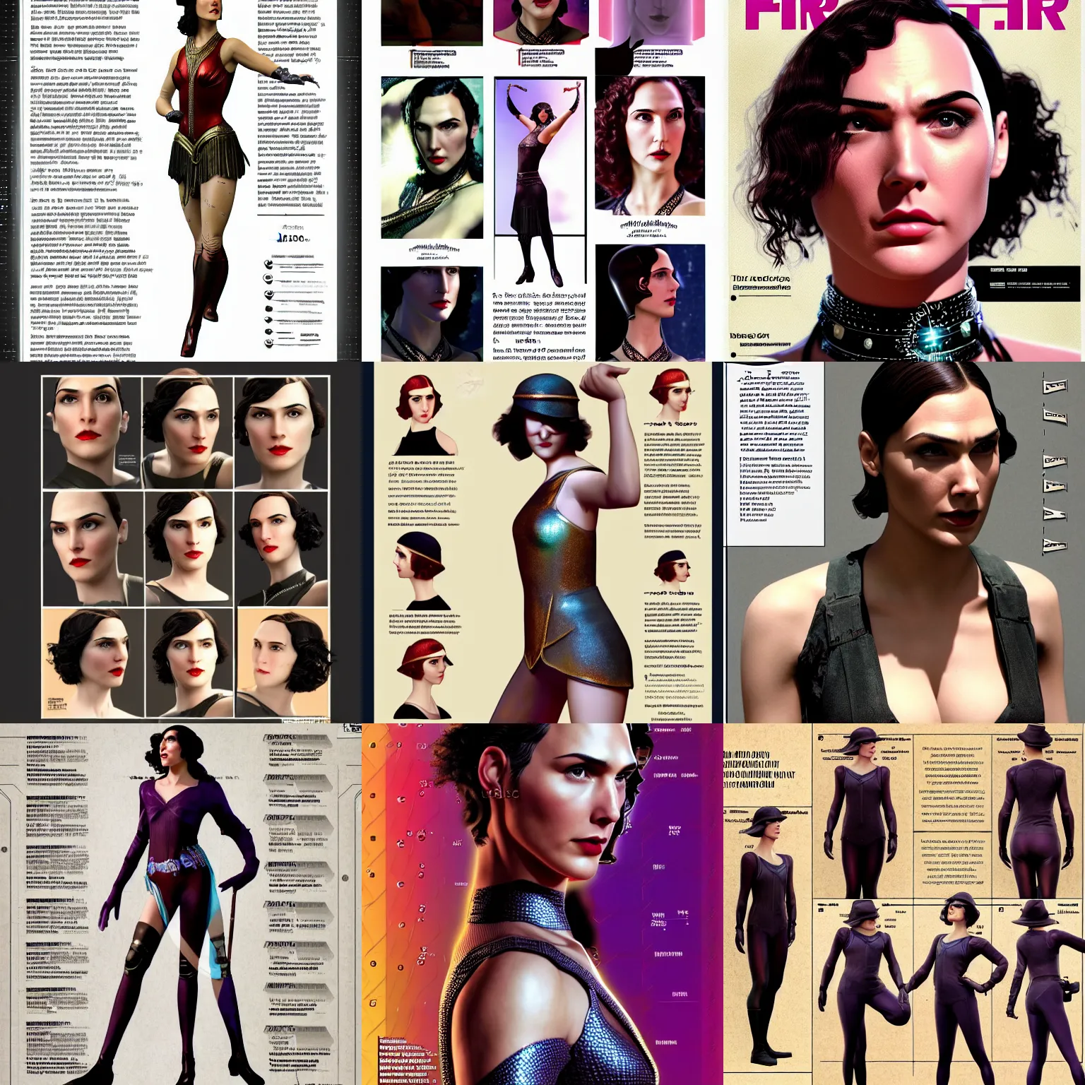 Prompt: beautiful ultra realistic character design reference sheet, 1920s frontiers in human dance fashion magazine September retrofuturism wachowski matrix gal gadot edition, highly detailed, extreme closeup portrait, tilt shift background, focus on girl, tendu pose, soft lighting