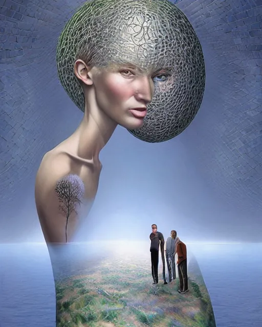 Image similar to gender dysphoria theme surrealist art in the styles of igor morski, jim warren, and rob gonsalves, intricate, hyperrealistic, volumetric lighting