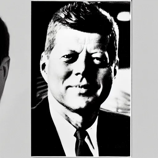 Prompt: portrait photo of bald john f kennedy and nikita kruschev next to each other, black and white, atmospheric lighting