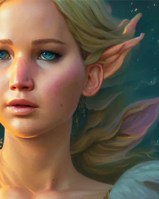 Image similar to highly detailed surreal vfx portrait of jennifer lawrence as princess zelda, stephen bliss, unreal engine, greg rutkowski, loish, rhads, beeple, makoto shinkai and lois van baarle, ilya kuvshinov, rossdraws, tom bagshaw, alphonse mucha, global illumination, detailed and intricate environment