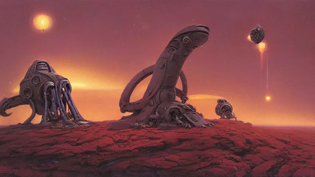 Image similar to mysterious whimsical sculpture of alien technology by paul lehr and john schoenherr and john harris, cinematic matte painting