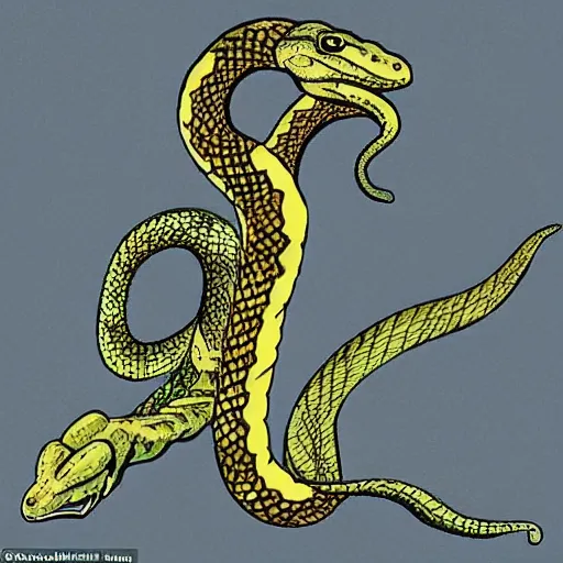 Image similar to a snake mixed with a lizard in humanoid form with one angelic wing on the left and one demonic wing on the right, arms crossed, in a dungeon