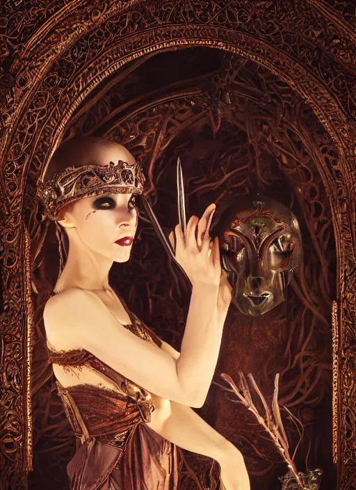 Image similar to inside covens den, diffuse lighting, textless hyper ornate wiccan masks, hdrp render, intricate wiccan facial detailing, highly detailed, lifelike, photorealistic, artstation, unreal 5, smooth, sharp focus, art by john collier, albert aublet, krenz cushart, artem demura, alphonse mucha