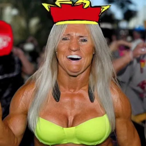 Image similar to a woman who is a genetic combination of hulk hogan and donald trump face and upper - body focus