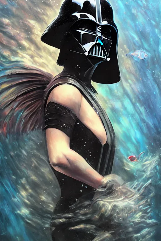 Prompt: darth Vader mermaid, detailed digital oil painting, underwater, trending on artstation