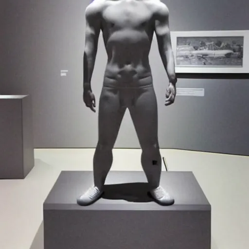 Image similar to “ a realistic detailed photo of a guy who is an attractive humanoid who is half robot and half humanoid, who is a male android, soccer player antoine griezmann, shiny skin, posing like a statue, blank stare, at the museum, on display ”