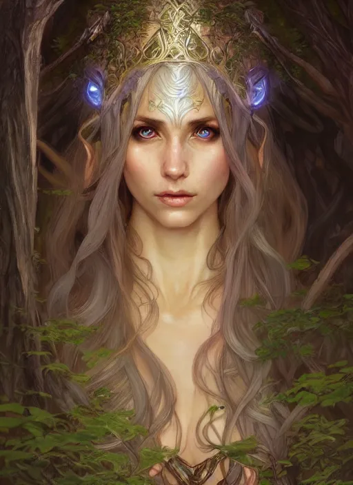 Prompt: portrait of a fantasy elf female sorceress queen with long hair flowing in an ancient forest filled with magic, highly detailed, digital painting, artstation, smooth, sharp focus, illustration, art by artgerm and greg rutkowski and alphonse mucha, fine face