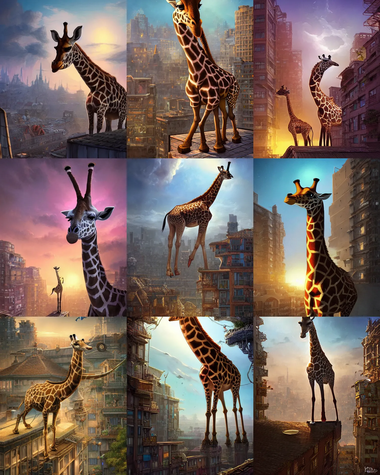 Prompt: kids fantasy sketch a giraffe on a rooftop, fantasy, intricate, epic lighting, cinematic composition, hyper realistic, 8 k resolution, unreal engine 5, by artgerm, tooth wu, dan mumford, beeple, wlop, rossdraws, james jean, marc simonetti, artstation