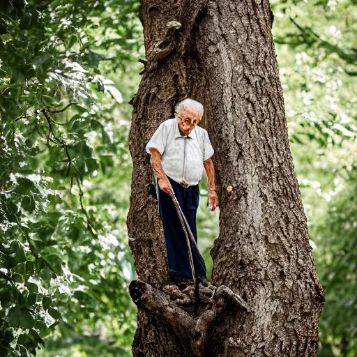 Prompt: an elderly man stuck in a tree, canon eos r 3, f / 1. 4, iso 2 0 0, 1 / 1 6 0 s, 8 k, raw, unedited, symmetrical balance, in - frame