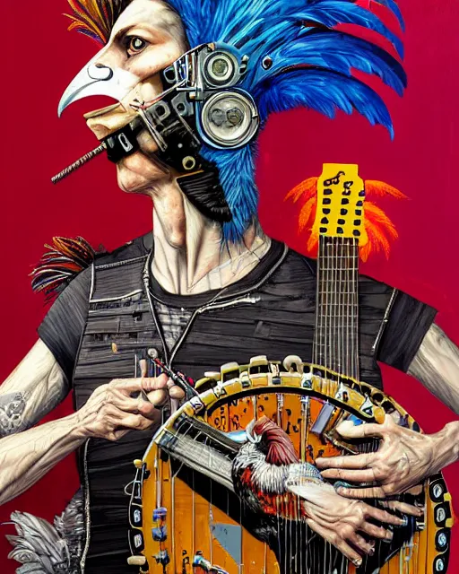 Image similar to a portrait of an anthropomorphic cyberpunk rooster shredding a banjo by sandra chevrier, by jon foster, detailed render, tape deck, epic composition, cybernetics, 4 k realistic, cryengine, realistic shaded lighting, sharp focus, masterpiece, by enki bilal