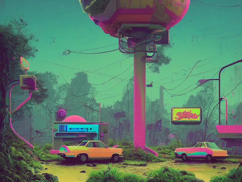 Prompt: 80s outdoor retro arcade, 80s color scheme, retro, pastel colors, desolate, lush vegetation, moody:: Simon Stålenhag and beeple and James Gilleard and Justin Gerard :: ornate, dynamic, particulate, intricate, elegant, highly detailed, centered, artstation, smooth, sharp focus, octane render, 3d