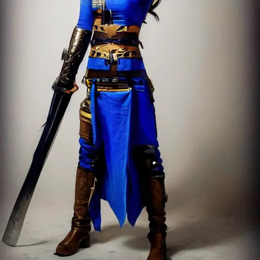 Prompt: photo of a female rogue warrior with lapis lazuli armour and weapons