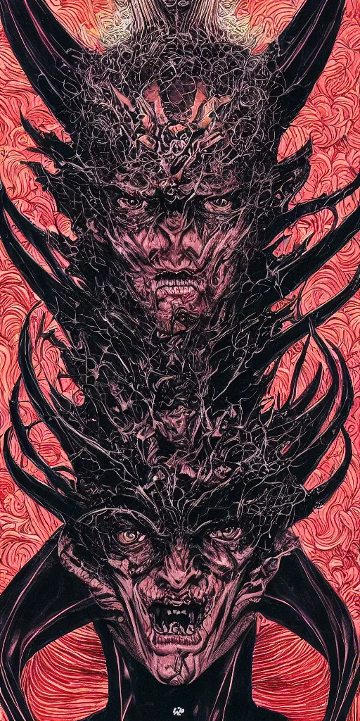 Image similar to portrait closeup of crazy dark satan, lucifer, the lord of darkness, the king of the underworld, symmetrical, by yoichi hatakenaka, masamune shirow, josan gonzales and dan mumford, ayami kojima, takato yamamoto, barclay shaw, karol bak, yukito kishiro