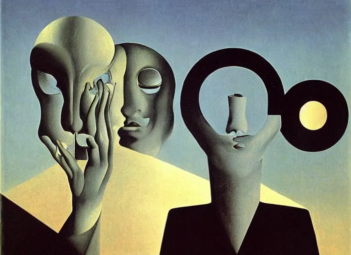Prompt: endless masks, maddening forbidden knowledge, strange machine by rene magritte and salvadore dali