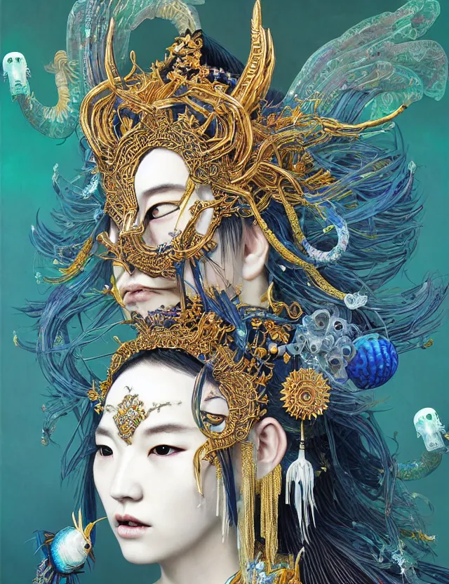 Image similar to goddess portrait with mask and crown made of ram skull. beautiful intricately detailed japanese crow kitsune mask and clasical japanese kimono. betta fish, jellyfish phoenix, bioluminescent, plasma, ice, water, wind, creature, super intricate ornaments artwork by tooth wu and wlop and beeple and greg rutkowski