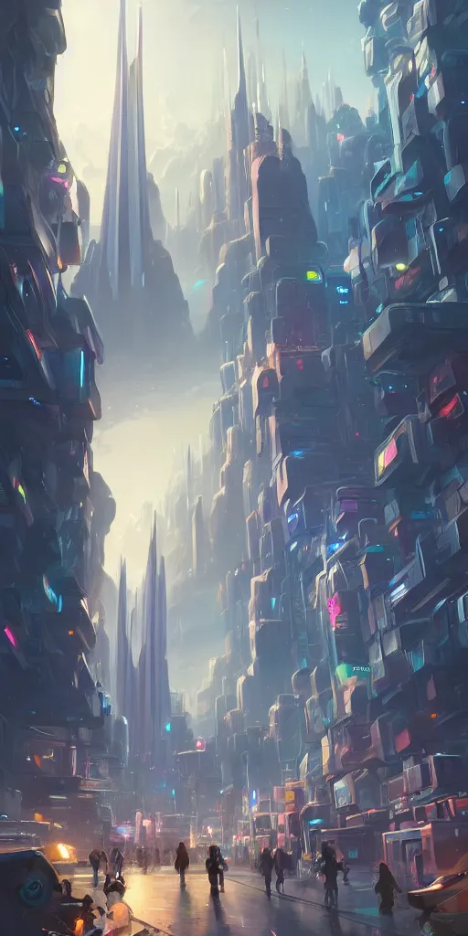 Prompt: a busy street in the futuristic fantasy city of Asgard in the style of Sylvain Sarrailh, beautiful digital art, cinematic composition, detailed, concept art, Matt painting, oil painting, high res