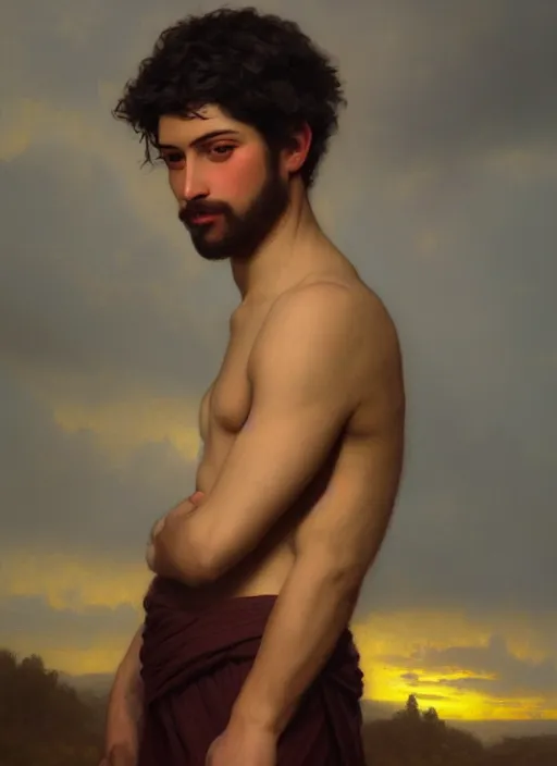 Prompt: oil painting of a handsome young man with dark hair, wearing a crown of fire!! at sunset, hazy, digital art, chiaroscuro, artstation, cinematic, golden hour, digital art painting by greg rutkowski, william - adolphe bouguereau, hazy atmosphere, cinematic lighting