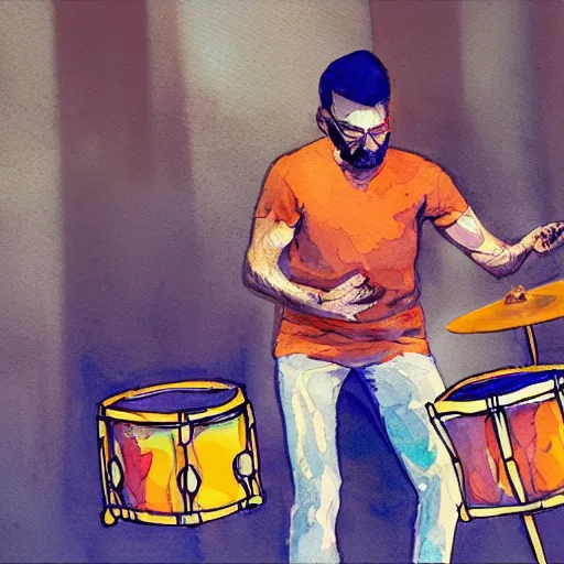 Prompt: an italian man playing the drums in san francisco water color vibrant highly detailed 3 2 k uhd rendered in octane trending in artstation ray tracing