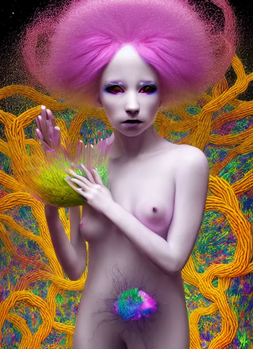 Image similar to hyper detailed 3d render like a Oil painting - kawaii portrait Aurora (white haired Singer Ferret) seen Eating of the Strangling network of yellowcake aerochrome and milky Fruit and Her delicate Hands hold of gossamer polyp blossoms bring iridescent fungal flowers whose spores black the foolish stars by Jacek Yerka, Mariusz Lewandowski, Houdini algorithmic generative render, Abstract brush strokes, Masterpiece, Edward Hopper and James Gilleard, Zdzislaw Beksinski, Mark Ryden, Wolfgang Lettl, hints of Yayoi Kasuma, octane render, 8k