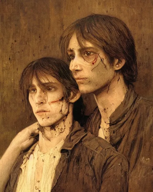 Prompt: two handsome but creepy siblings in layers of fear, with haunted eyes, 1 9 7 0 s, seventies, wallpaper, a little blood, moonlight showing injuries, delicate embellishments, painterly, offset printing technique, by jules bastien - lepage