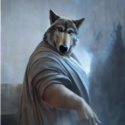 Image similar to fat wolf wearing a monk robes holding incense burner. natural lighting by ruan jia, portrait