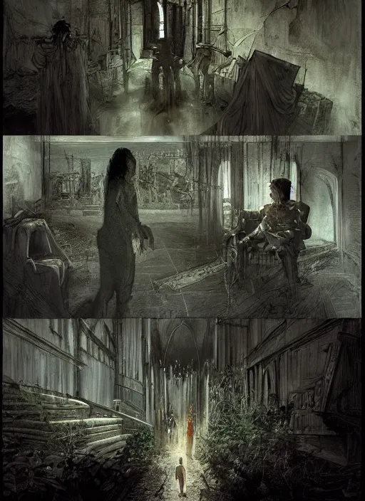 Image similar to concept art of scene from'the storyteller'from the modern urban gnostic supernatural thriller anthology'the fallen world chronicle ', by david mattingly and samuel araya and michael whelan and tim jacobus and francisco goya. realistic 8 k matte painting with photorealistic hd lighting. composition and layout inspired by gregory crewdson and brendon burton.