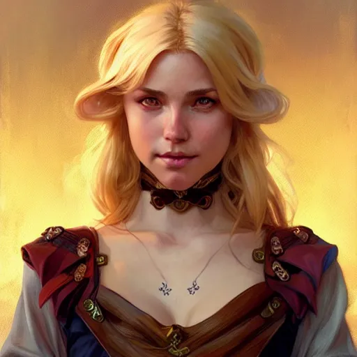 Image similar to an epic fantasy comic book style portrait painting of a young blonde girl thief, d & d, fantasy, joyful smirk, intricate, elegant, digital painting, artstation, concept art, matte, sharp focus, illustration, art by artgerm and greg rutkowski and alphonse mucha