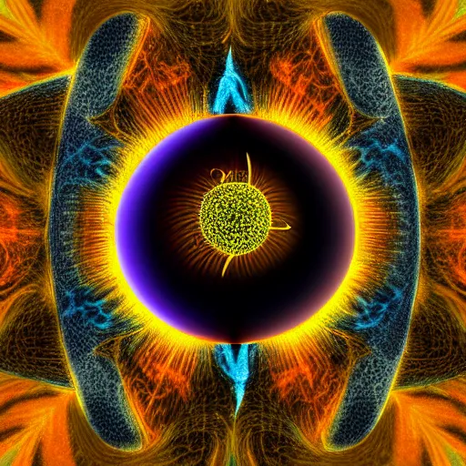 Prompt: surreal fractal image of the nuclear of an atom orbited by electrons