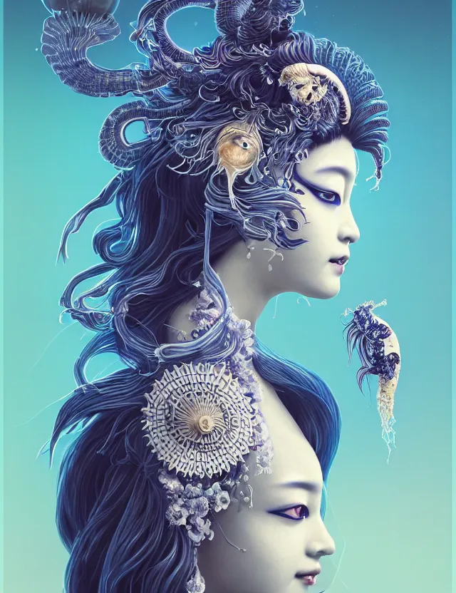 Image similar to 3 d slvic goddess half - turn portrait with long hair with ram skull. beautiful intricately detailed japanese crow kitsune mask and clasical japanese kimono. betta fish, jellyfish phoenix, bio luminescent, plasma, ice, water, wind, creature, artwork by tooth wu and wlop and beeple and greg rutkowski