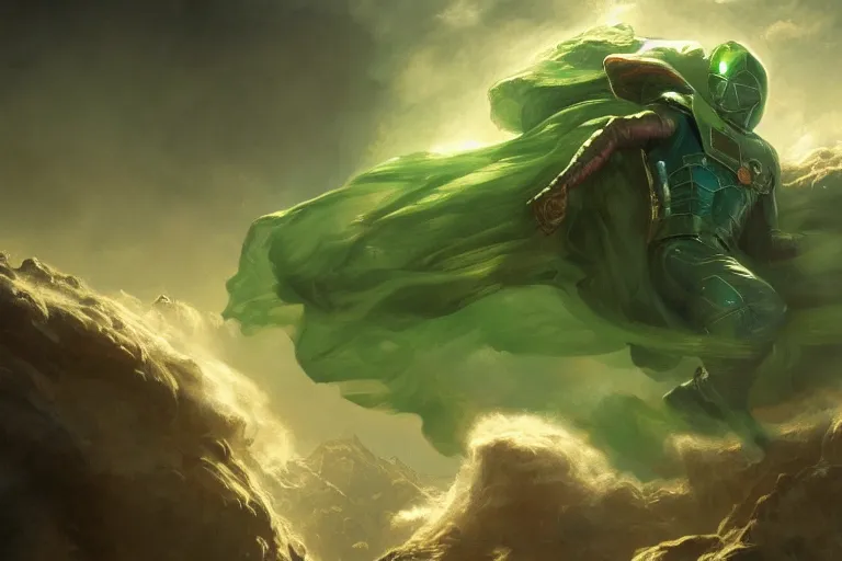 Image similar to Mysterio appearing gigantic emerging from a cloud of green smoke, trending on Artstation, highly detailed, HD wallpaper, 4k, photorealistic, digital art, art by artgerm and Greg Rutkowski and Alphonse Mucha