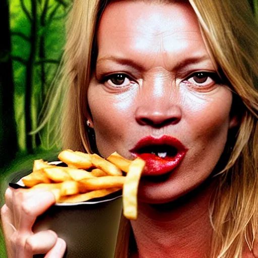 Prompt: A beautiful hyper realistic ultra detailed lifelike matte painting of Kate Moss eating big macs in the forest, serving fries, covered in ketchup, unreal engine, deviantart, flickr, artstation, octane render, textured, colorful, extreme realistic detail, physically based rendering, pbr render, very detailed, volumetric lighting, detailed lighting, octane render, 4k, cinematic lighting, 8k resolution