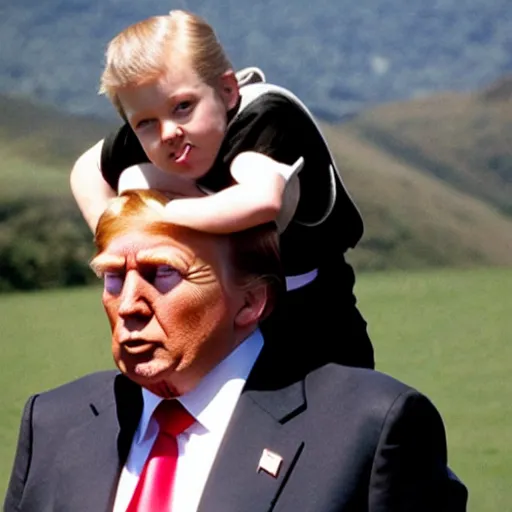 Image similar to dwarf trump getting a piggy - back ride from reagan
