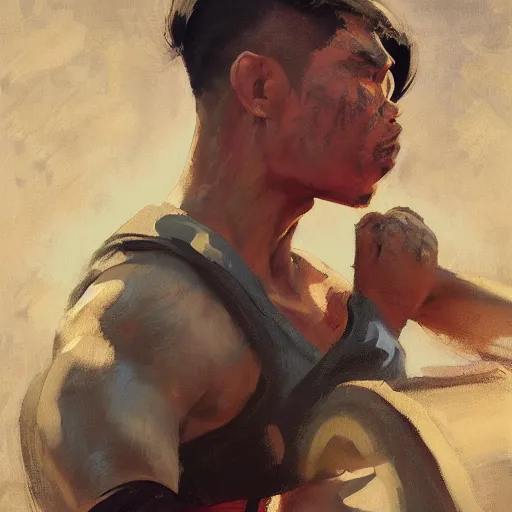 Image similar to greg manchess side portrait of a filipino mma fighter sitting on a tank, organic painting, sunny day, matte painting, bold shapes, hard edges, street art, trending on artstation, by huang guangjian, gil elvgren, ruan jia, randy vargas, greg rutkowski