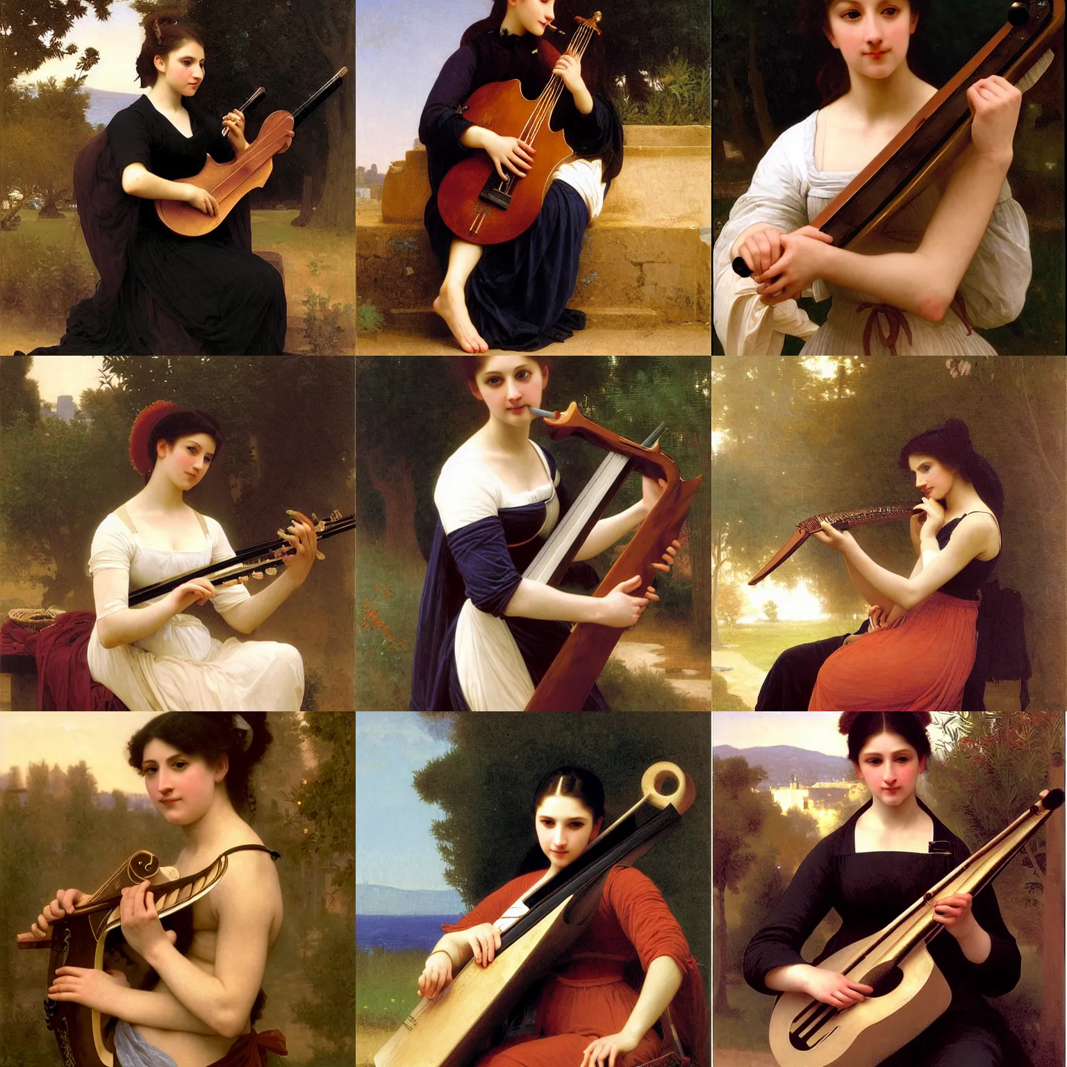 Prompt: Stern English fox Woman playing the cyber lute. Slender neck. Master Lutist. Long dark facial hair. Punk. Art by William-Adolphe Bouguereau. During golden hour. Extremely detailed. Beautiful. 4K. Award winning.