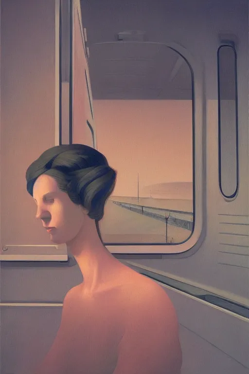 Prompt: woman put the train through her head Edward Hopper and James Gilleard, Zdzislaw Beksisnski, higly detailed