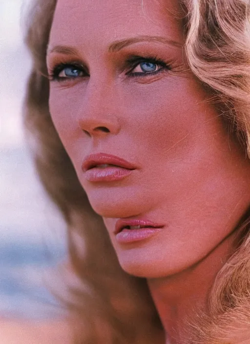 Prompt: A hyper realistic and detailed head portrait photography of Ursula Andress of Dr No walking on a secluded beach. by William Egglestone. Synthwave style. Cinematic. Golden Hour. Kodak Portra 400. Lens flare. 85mm lens