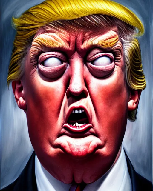 Prompt: a overhead close up portrait of Cyclops Donald Trump with an angry expression, facing front, looking up, by Lucian Freud and Jenny Saville, oil painting, anatomically correct, beautiful perfect face, sharp focus, Highly Detailed, Cinematic Lighting, 8k, HD