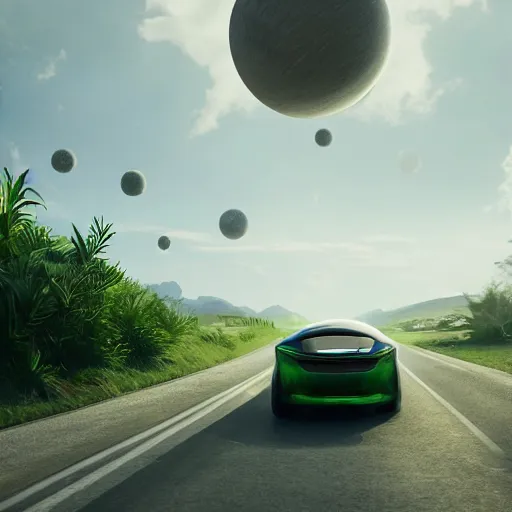 Prompt: a spherical car driving down the road with a tyrannosaurus rex and humans dancing in the background, smoky, green hills, many interstellar plants, futuristic concept design, airy landscape, high detail rendering by octane, unreal engine, 8 k, cinematic grade.