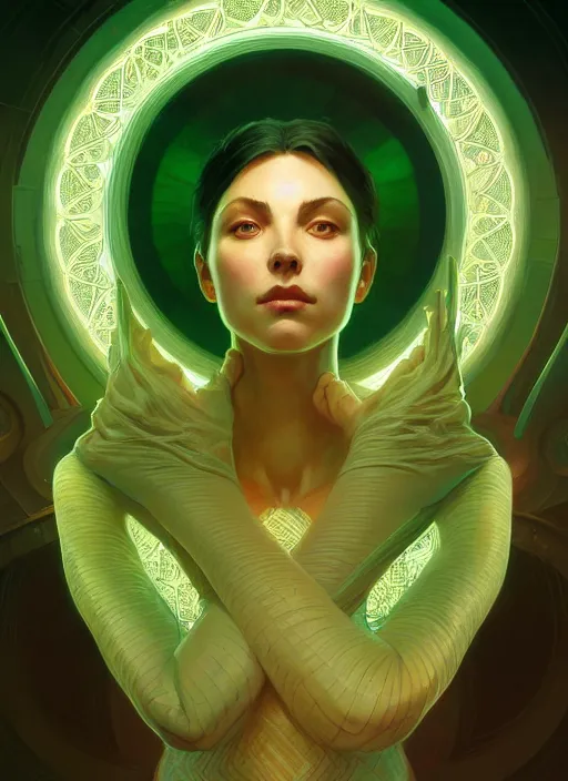 Image similar to symmetry!! green lanturn, sci - fi, global illumination!! intricate, elegant, highly detailed, digital painting, artstation, concept art, smooth, sharp focus, illustration, art by artgerm and greg rutkowski and alphonse mucha