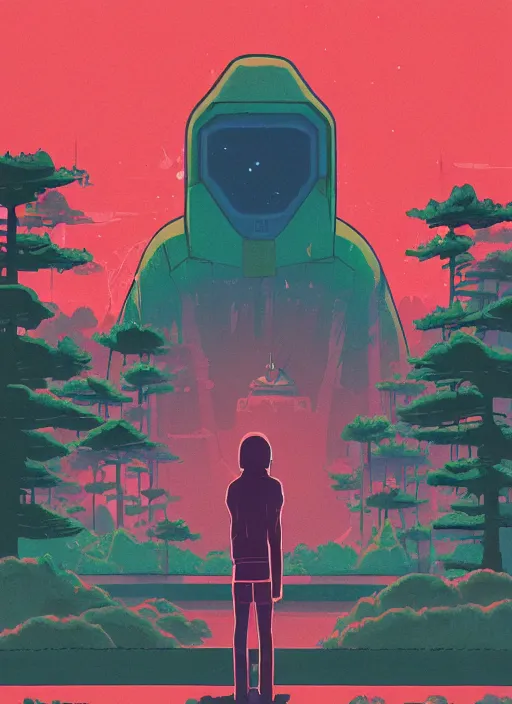 Image similar to an indie game poster of a translucent cyberpunk explorer meditating in front of a giant decaying robot head, dense forest, midnight, risograph by ghostshrimp, kawase hasui, josan gonzalez, jean giraud, moebius, colourful flat surreal design, in the style of oxenfree, super detailed, a lot of tiny details