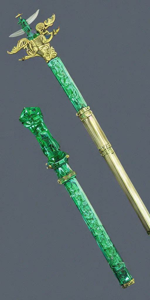 Image similar to photograph of a wide green and teal crystal sword with a big gold sword hilt