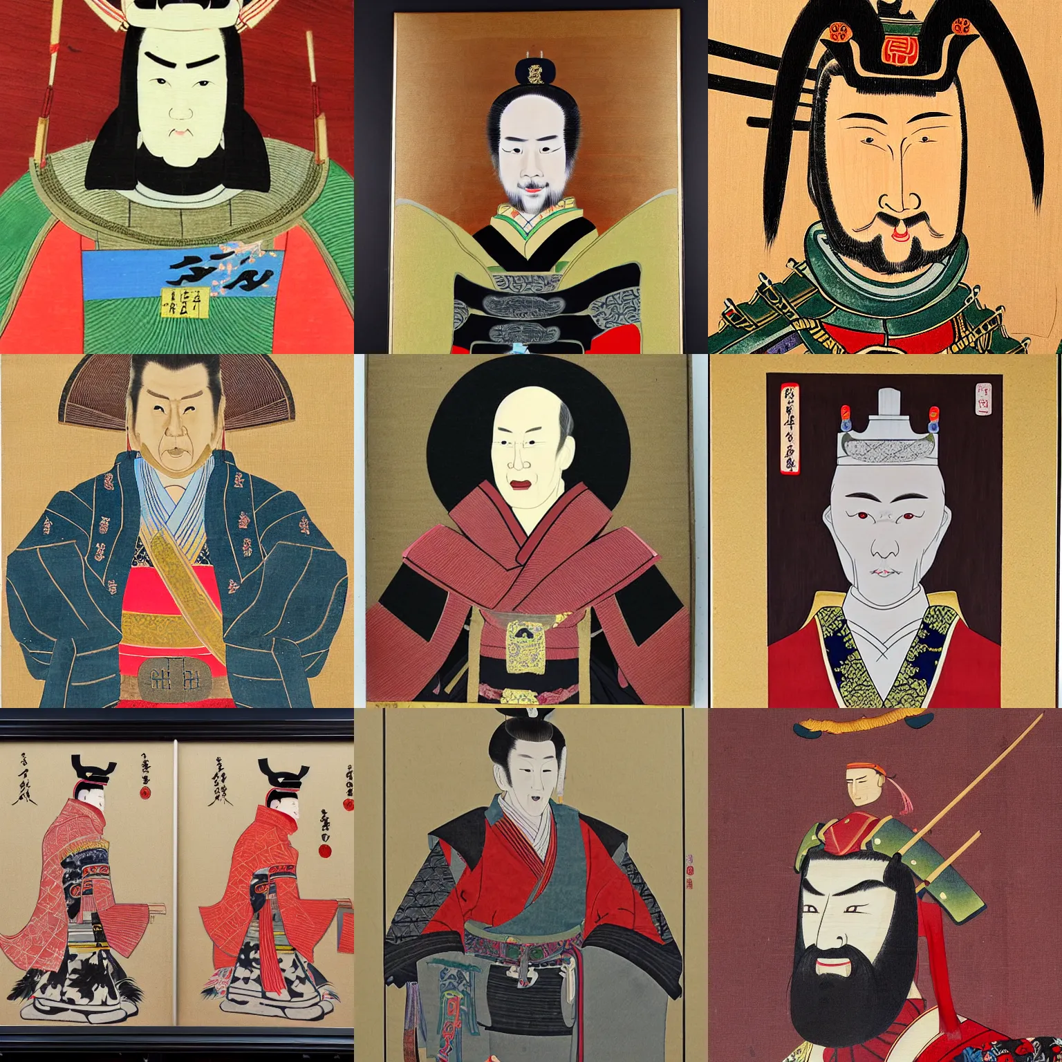 Prompt: Japanese wood painting of king Harald V of Norway dressed as a samurai, detailed face,