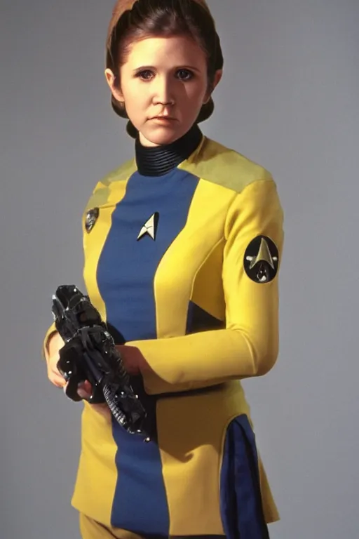 Prompt: photorealistic!! young adult carrie fisher as a star trek captain, yellow starfleet uniform, film quality