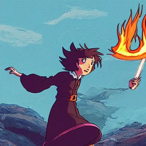 Prompt: A young wizard casting a fire spell in the style of howl's moving castle
