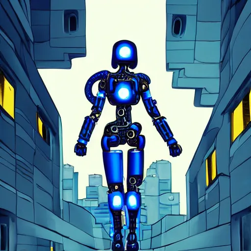 Prompt: cyborg - girl breaking into pieces as it walks down a street, highly detailed, painting, dark blue and black color palette, intricate, high quality anime artstyle,